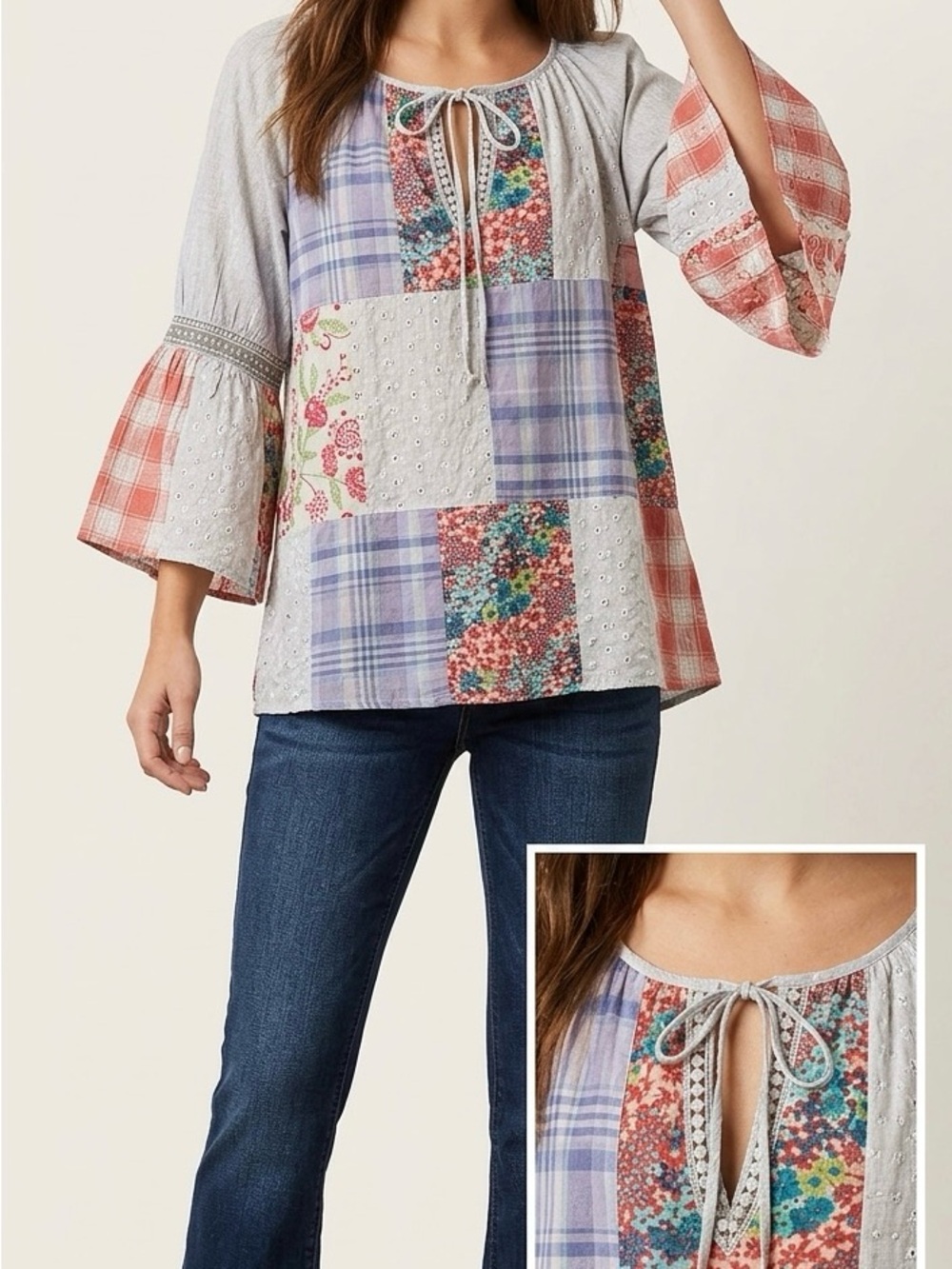 Boho Patchwork Tie-Front Blouse - Multi